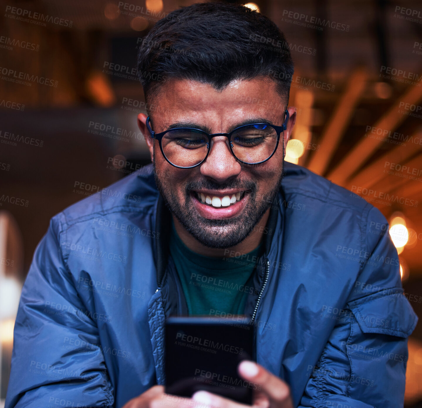 Buy stock photo Cafe, smile and face of man on smartphone for texting, reading online website and social media. Communication, networking and happy male freelancer on phone typing message, email and browse internet
