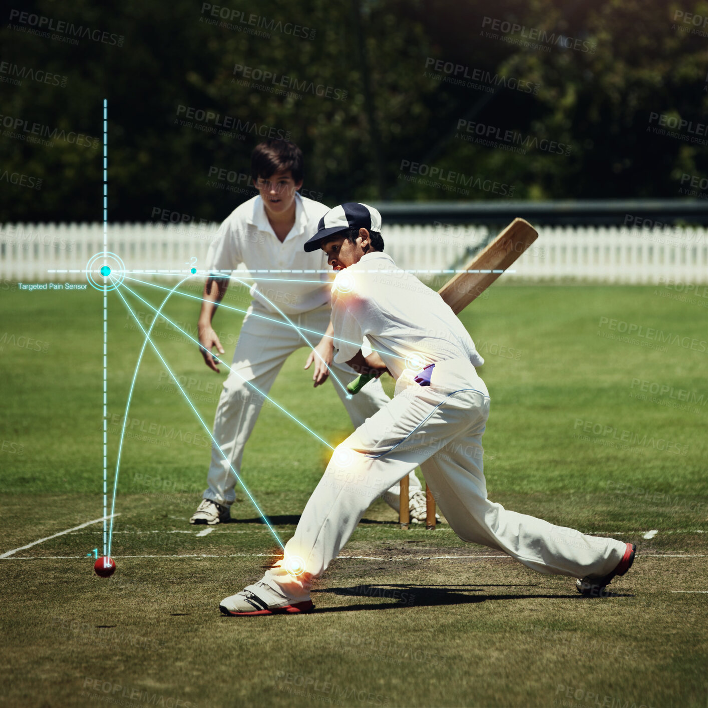 Buy stock photo Boy, cricket or body injury on sports field with glowing, red and ai generated effect from batting action. Kid, child or batting athlete with stress, graph hologram or muscle pain from wicket mistake