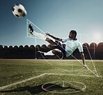 Jumping man, soccer and graph on sports field with glowing, hologram and ai generated effect for kicking action. African athlete, kick and football player with ball, chart and graphic analysis