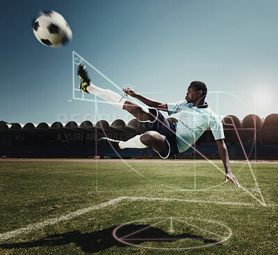 Buy stock photo Jumping man, soccer and graph on sports field with glowing, hologram and ai generated effect for kicking action. African athlete, kick and football player with ball, chart and graphic analysis