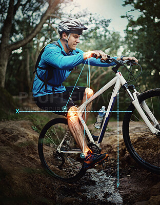 Man, anatomy and injury in nature cycling forest, woods and countryside path with glowing, red and ai generated effect. Bicycle sports, male person and cyclist with bike in pain, stress and mistake