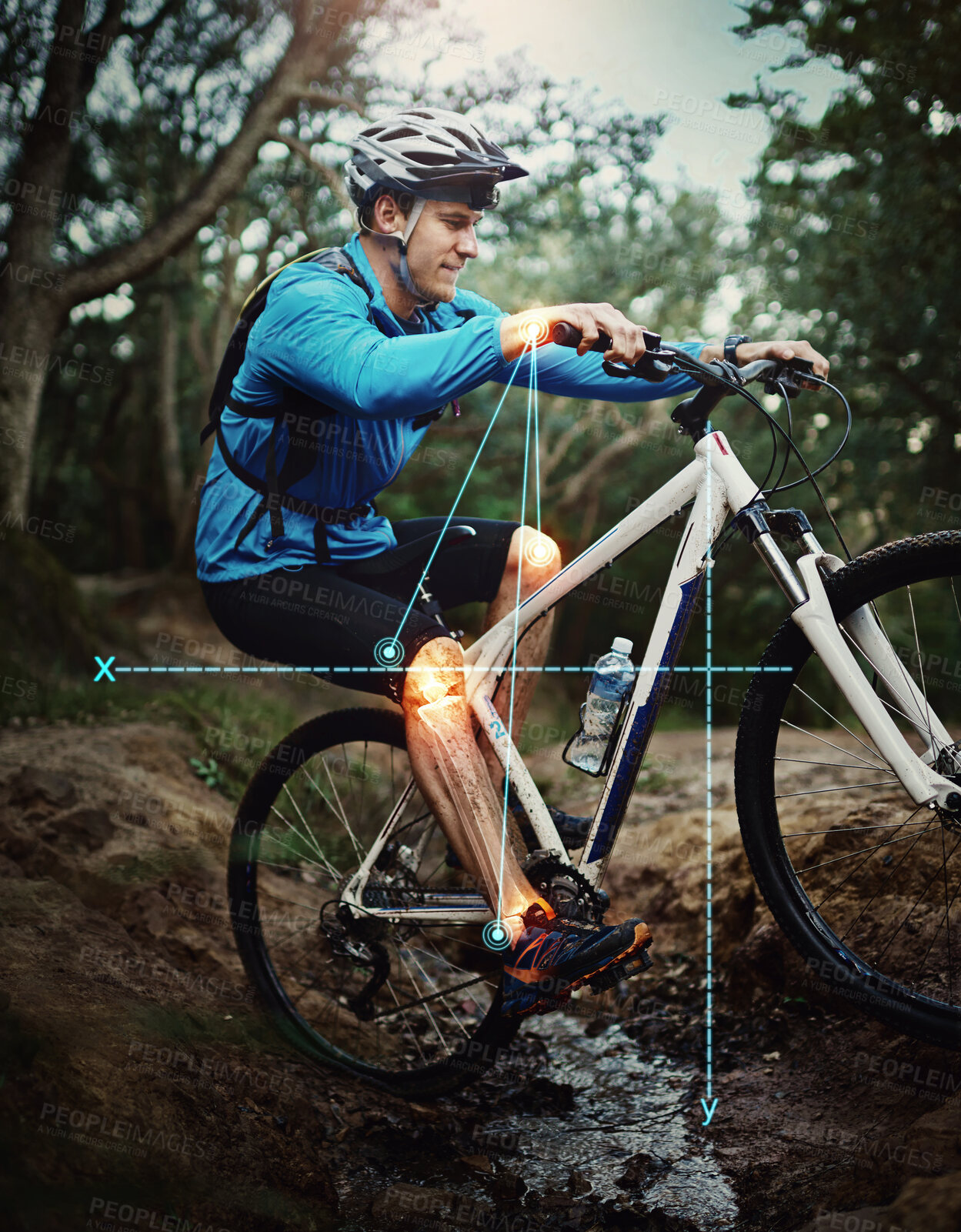 Buy stock photo Man, mountain bike and woods for fitness, training and workout with overlay, red glow or injury with math analysis. Forrest cycling, guy and joint pain with bicycle, holographic data and ride outdoor