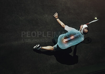 Buy stock photo Tennis player man, back pain and game for fitness with red glow overlay for stress injury, racket and top view. Athlete, court and sports training for contest with emergency, accident or osteoporosis