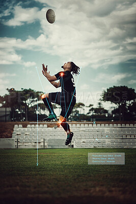 Buy stock photo Black man, rugby and knee injury on sports field with glowing, red and ai generated effect from jumping action. African athlete, stress and muscle pain from jump mistake, pain and anatomy problem