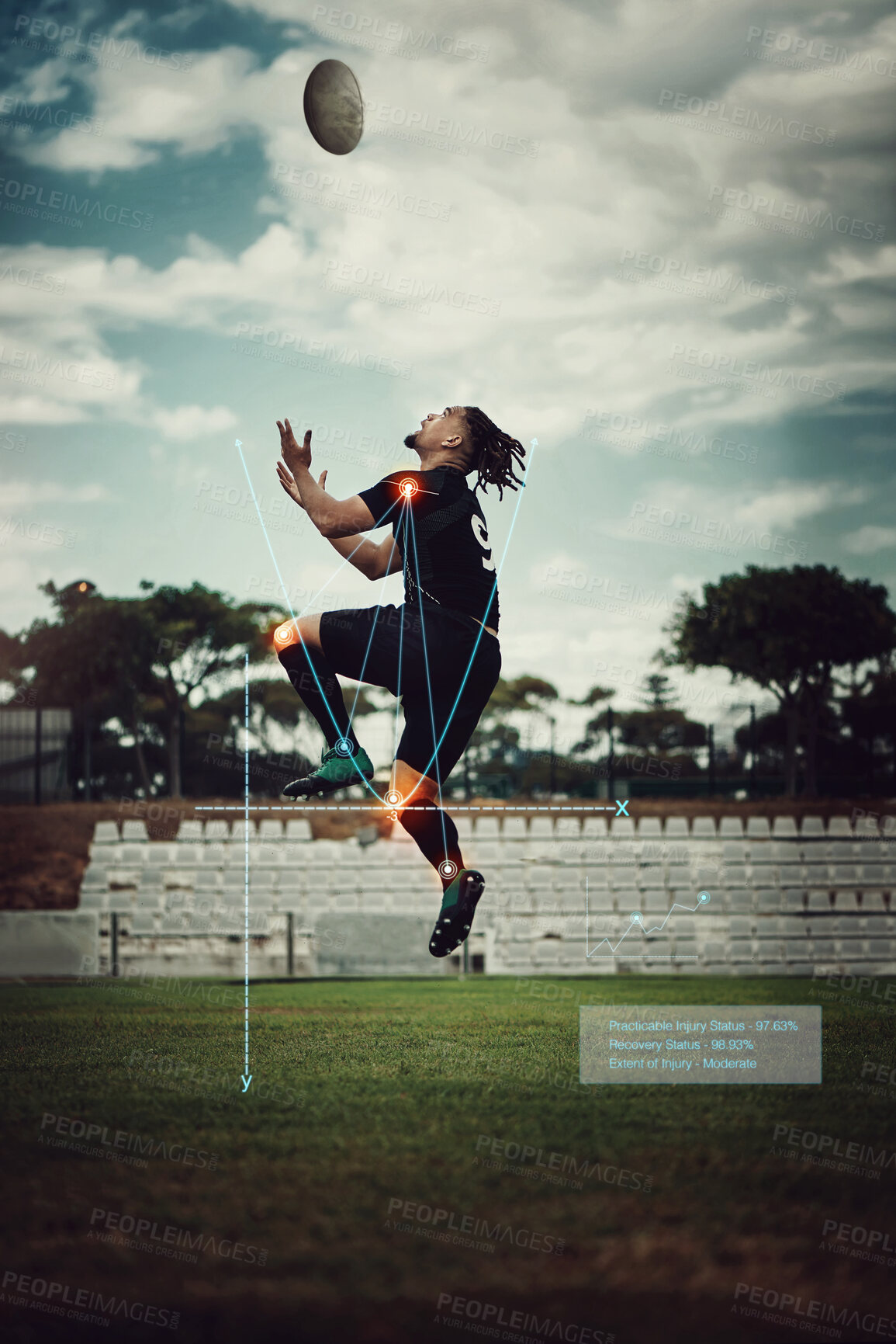 Buy stock photo Black man, rugby and knee injury on sports field with glowing, red and ai generated effect from jumping action. African athlete, stress and muscle pain from jump mistake, pain and anatomy problem