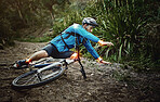 Man, falling and injury in nature cycling forest, woods and countryside path with glowing, red and ai generated effect. Bicycle sports, male person and cyclist with bike in pain, stress and mistake