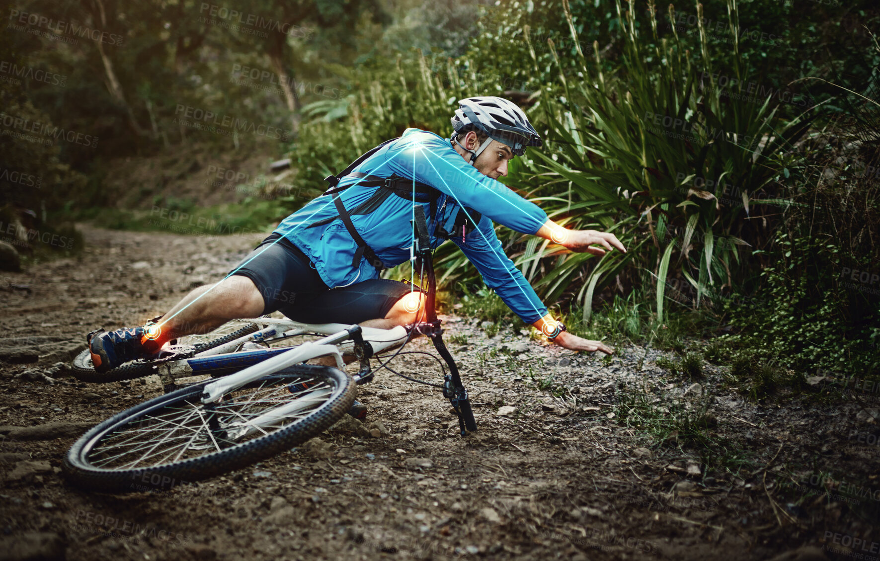 Buy stock photo Man, mountain bike and woods with falling, ground and fitness for training, workout and red glow for injury. Forest cycling, guy and joint pain with bicycle, accident and riding outdoor in nature