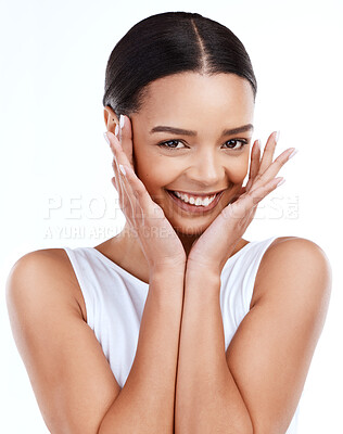 Buy stock photo Portrait, wow and shy with a cute woman in studio isolated on white background looking surprised. Excited, hands on face and smile with a happy young female model feeling shocked or amazed at gossip