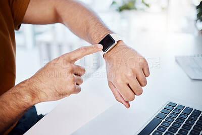 Buy stock photo Time check, work and hands of a man with a watch for a notification, reading information or email. Business, busy and arm of a businessman checking a digital clock while working on a laptop in office