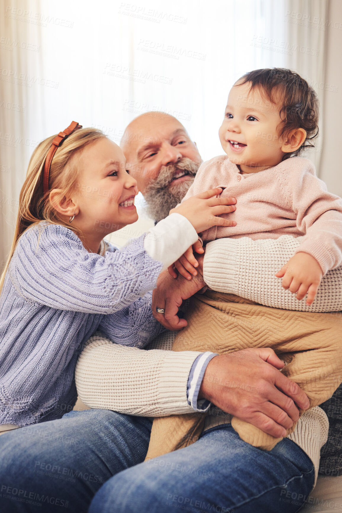 Buy stock photo Grandfather, children and play with happiness, home and cheerful with fun, bonding and loving together. Senior man, siblings or kids in a living room, chilling and love on a weekend break and excited