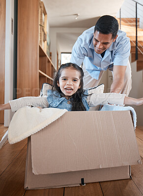 Buy stock photo Dad, child and box, playing on floor in home with love and fantasy for happy family with smile and fun. Cardboard ride, playful bonding and father with girl in new house, games and adventure for kids