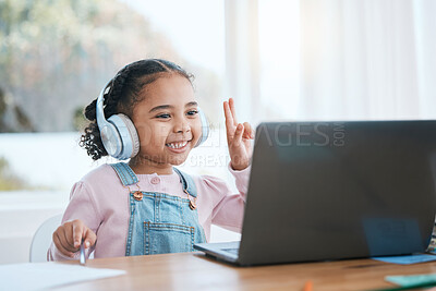 Buy stock photo Laptop, education and a student girl distance learning in her home while in a lesson to ask a question. Technology, school and virtual class with a young pupil at a desk for growth or development
