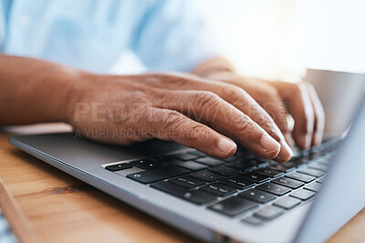Buy stock photo Laptop, hands and business person typing for online research, editing and copywriting or website management. Professional people, writer or editor working on computer for article, blog or media