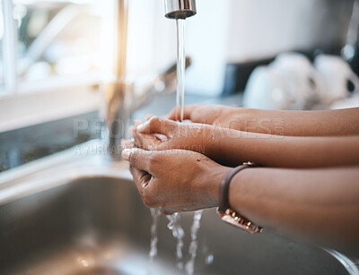 Buy stock photo Washing hands, kitchen and parent with a child in their home for hygiene or cleaning at the sink. Children, water and tap with a kid learning about protection from an adult person in their house
