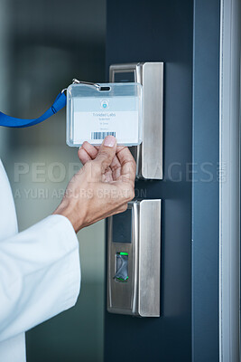 Buy stock photo Key card, hand and scan on security door for entrance, access control and safety in business, property or facility. Worker, hands and electronic fingerprint reader or technology to lock or secure