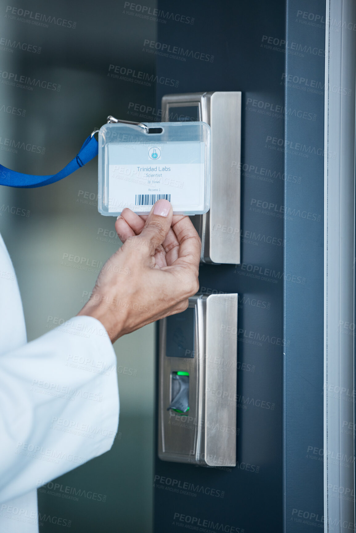 Buy stock photo Key card, hand and scan on security door for entrance, access control and safety in business, property or facility. Worker, hands and electronic fingerprint reader or technology to lock or secure