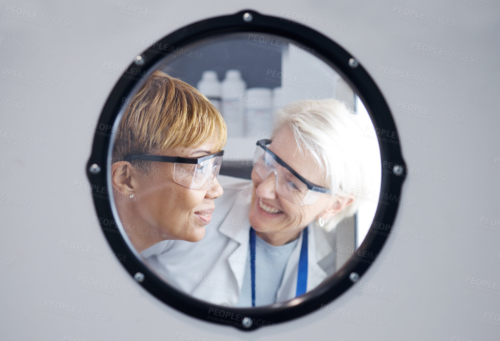 Buy stock photo Science, smile and teamwork with woman doctors in a laboratory together for research or innovation. Window, medical and health with a scientist team working in a lab for an experimental investigation