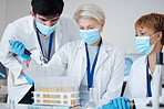 Research, covid team and employees in a lab for healthcare innovation, medical analytics or science. Medicine, education and scientists witth face mask and teamwork to study a liquid or chemical