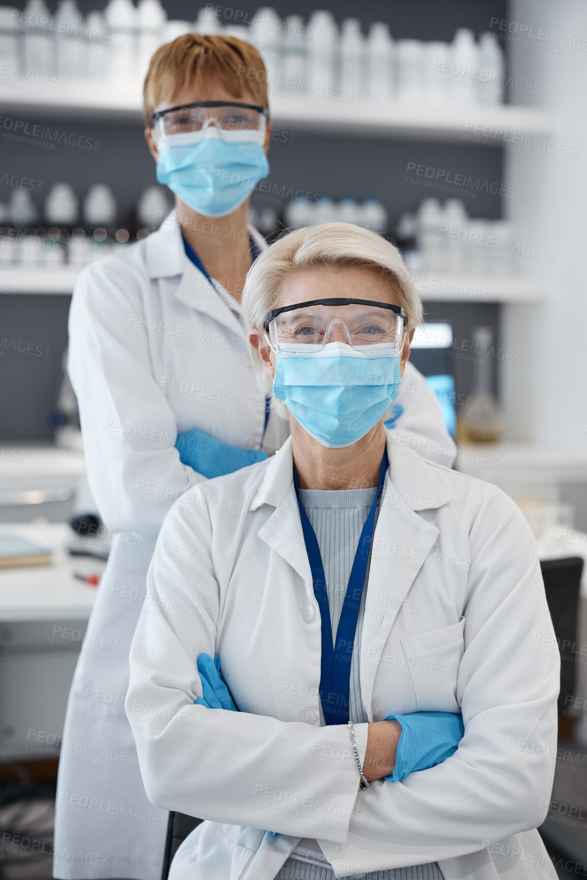 Buy stock photo Portrait, research and women with arms crossed, medical and mask with innovation, support and pandemic regulations. Female people, researchers and scientist with face cover, healthcare and career