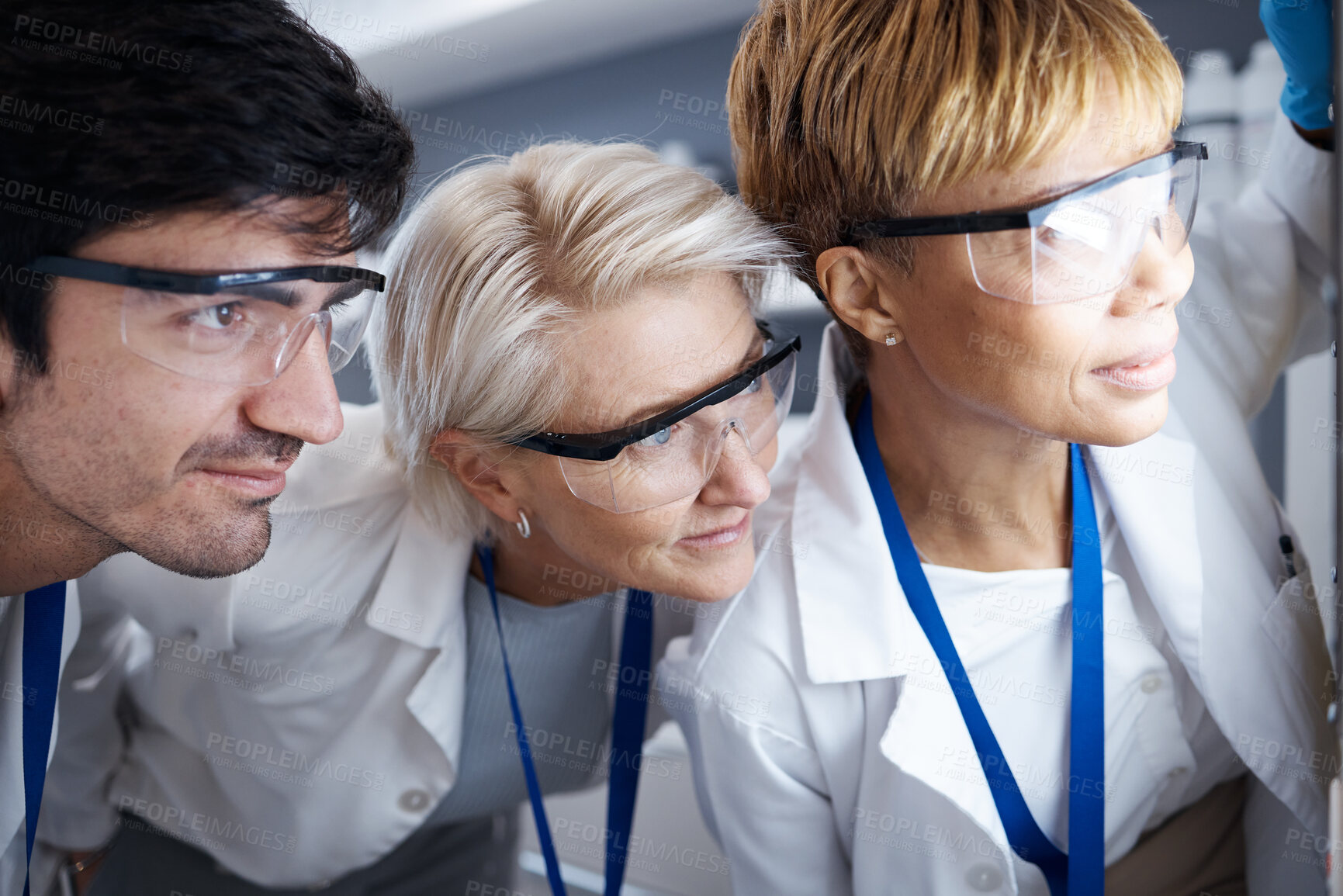 Buy stock photo Scientist, lab testing and glasses of science team and research with safety and data analysis. Vaccine review, teamwork and staff working on healthcare training and biotechnology productivity 