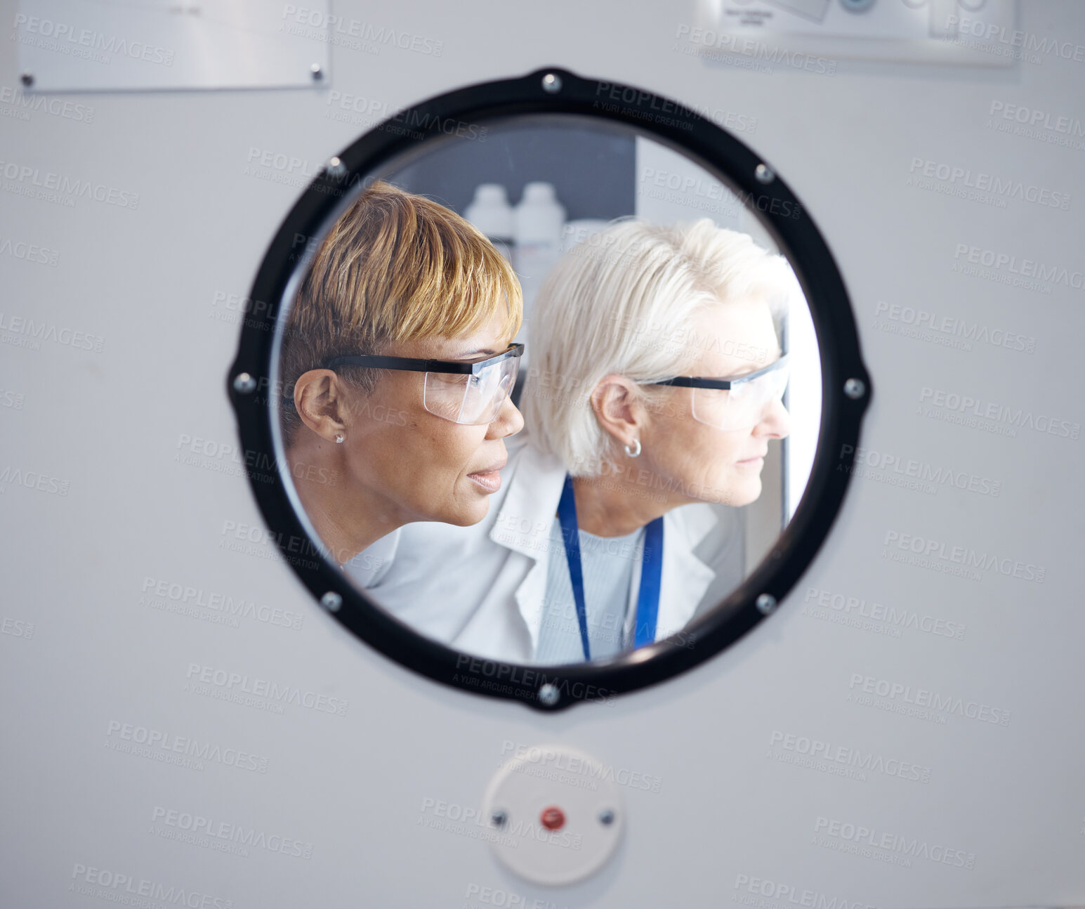 Buy stock photo Science, window and teamwork with woman doctors in a laboratory together for research or innovation. Glass, medical and health with a scientist team working in a lab for an experimental investigation