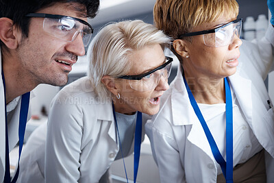 Buy stock photo Scientist, lab testing success and glasses of science team and research with safety and analysis. Vaccine review, teamwork and staff working on healthcare training and biotechnology productivity 