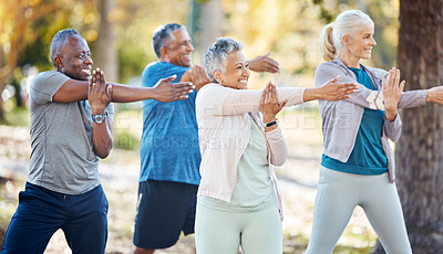 Buy stock photo Fitness, group and senior people stretching before a exercise in an outdoor park or nature. Sports, wellness and elderly friends doing a arm warm up workout before training class together in a garden