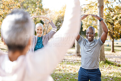 Buy stock photo Stretching, yoga and peace with old people in park for fitness, health or workout. Mindfulness, training and zen with senior class and meditation in nature for pilates, balance and spiritual wellness