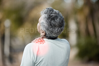 Buy stock photo Back pain, red and senior person for fitness or exercise injury, sports risk or muscle healthcare in park. Medical, spine and elderly people for anatomy problem in training, cardio or workout overlay