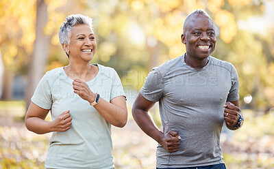 Buy stock photo Health, smile and running with old couple in park for fitness, workout and exercise. Wellness, retirement and happy with senior black man and woman training in nature for motivation, sports or cardio