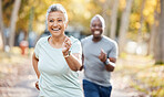 Health, race and running with old couple in park for fitness, workout and exercise. Wellness, retirement and happy with senior black man and woman training in nature for motivation, sports and cardio