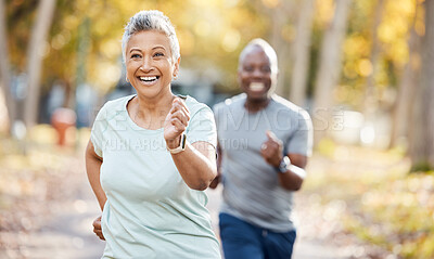 Buy stock photo Health, race and running with old couple in park for fitness, workout and exercise. Wellness, retirement and happy with senior black man and woman training in nature for motivation, sports and cardio