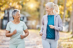 Health, friends and running with old women in park for fitness, workout and exercise. Wellness, retirement and happy with senior people training in nature for motivation, sports and cardio