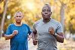 Race, friends and running with old men in park for fitness, workout and exercise. Wellness, retirement and marathon with senior people training in nature for motivation, sports and morning cardio