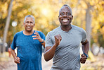Race, friends and running with old men in park for fitness, workout and exercise. Wellness, retirement and happy with senior people training in nature for motivation, sports and morning cardio