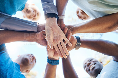 Buy stock photo Hands stacked, fitness and group of people for teamwork, collaboration and community, team building and support. Mission, workout goals or together sign of person in circle and outdoor exercise below
