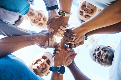 Buy stock photo Holding hands, fitness and group of people in teamwork, collaboration and community, healthcare love and support. Portrait, workout and diversity friends, together sign or hope for wellness below