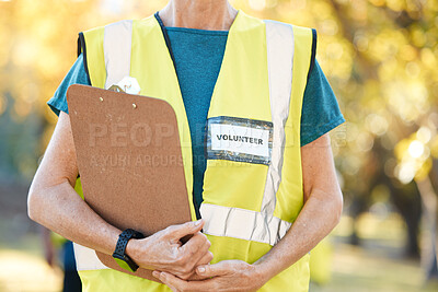 Buy stock photo Clipboard, volunteering and person in park for cleaning, community service and pollution or sustainability checklist. Gardening, inspection and people hands for ngo or nonprofit, outdoor and nature