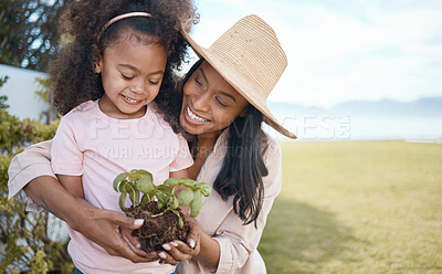 Buy stock photo Gardening, mother and child with plant in hands learning environmental, organic and nature skills together. Landscaping, family and happy girl with mom ready for planting sprout in soil for growth