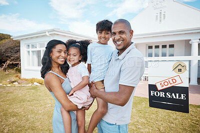 Buy stock photo Family, portrait and smile at new home, outdoor and mortgage for property purchase, building investment and sign. Happy, real estate and mother, father and children with parents moving into house.