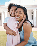 Portrait, happy and mother hug girl in backyard, smile and bonding together at house outdoor. Excited face, mom and kid, child or daughter enjoying quality time with love, care and family embrace.