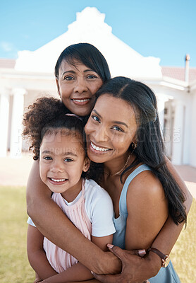 Buy stock photo Mother, smile and portrait of grandma with girl outdoor at home backyard, bonding and having fun. Happy, face and grandmother, mom and child with love, care and family enjoying hug time together.