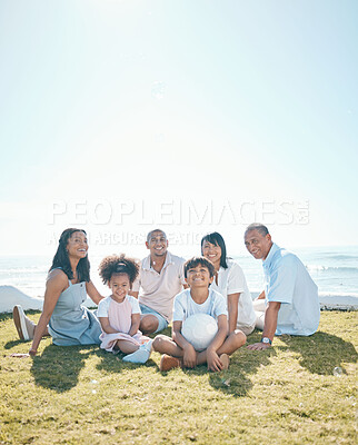 Buy stock photo Generation, children and portrait sitting on grass in summer with ball for quality time on mockup space. Happiness, parents and big family in nature in garden for bond with love on holiday or house.