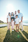 Smile, big family and portrait at ocean on vacation, holiday or summer travel mockup space. Beach, happy grandparents and children, mother and father bonding together with football at sea outdoor.