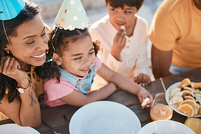 Buy stock photo Birthday, mother and children with food in park for event, celebration and party outdoors together. Family, fun social gathering and happy mother with kids at picnic with cake, presents and snacks