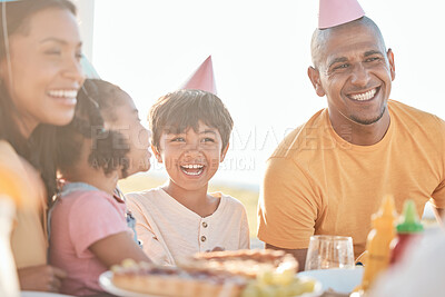 Buy stock photo Birthday, park and happy parents with children in park for event, celebration and party outdoors together. Family, social gathering and mother, father with kids at picnic with cake, presents and food