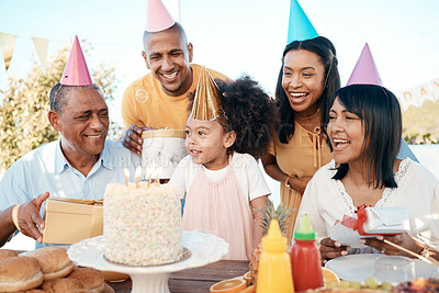 Buy stock photo Birthday party, children and senior family outdoor for happy celebration, cake and grandparents with love and support. Excited people together, kids or girl in garden or patio, holiday and singing