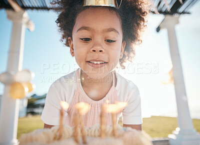 Buy stock photo Cake, girl and candles for birthday party in garden for fun with balloons or hat with snack. Excited, kid and dessert to make a wish for celebration in summer at house for child with milestone.