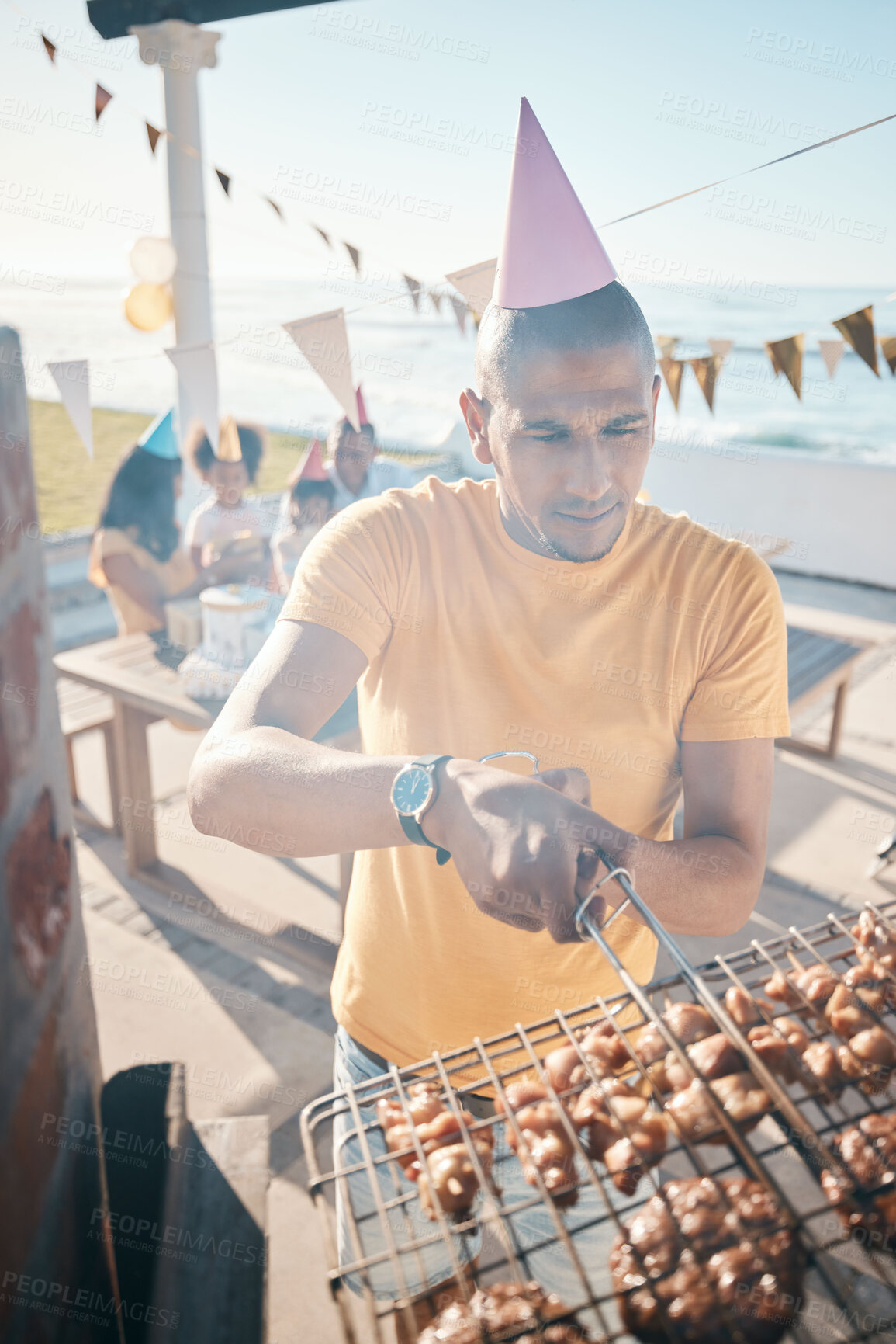 Buy stock photo Family barbecue, meat and man at a party, cooking food and picnic on a holiday. Summer, hungry and a father with bbq on the grill for woman and children on vacation for a birthday celebration