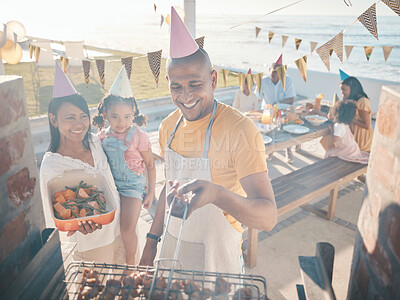 Buy stock photo Help, happy and family at barbecue party, lunch and summer together. Camping, woman and a man with food on the grill, cooking bbq and meat on vacation by the sea for dinner and birthday celebration